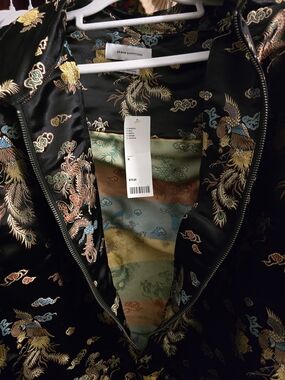 Urban Outfitters Black Satin Bomber with Metallic Dragon Embroidery